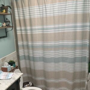 Beige and Blue Striped Shower Curtain